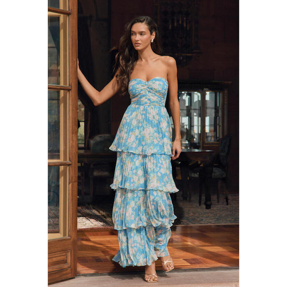 Lulus Seriously Sensational Blue Floral Strapless Tiered Maxi Dress - Size S
